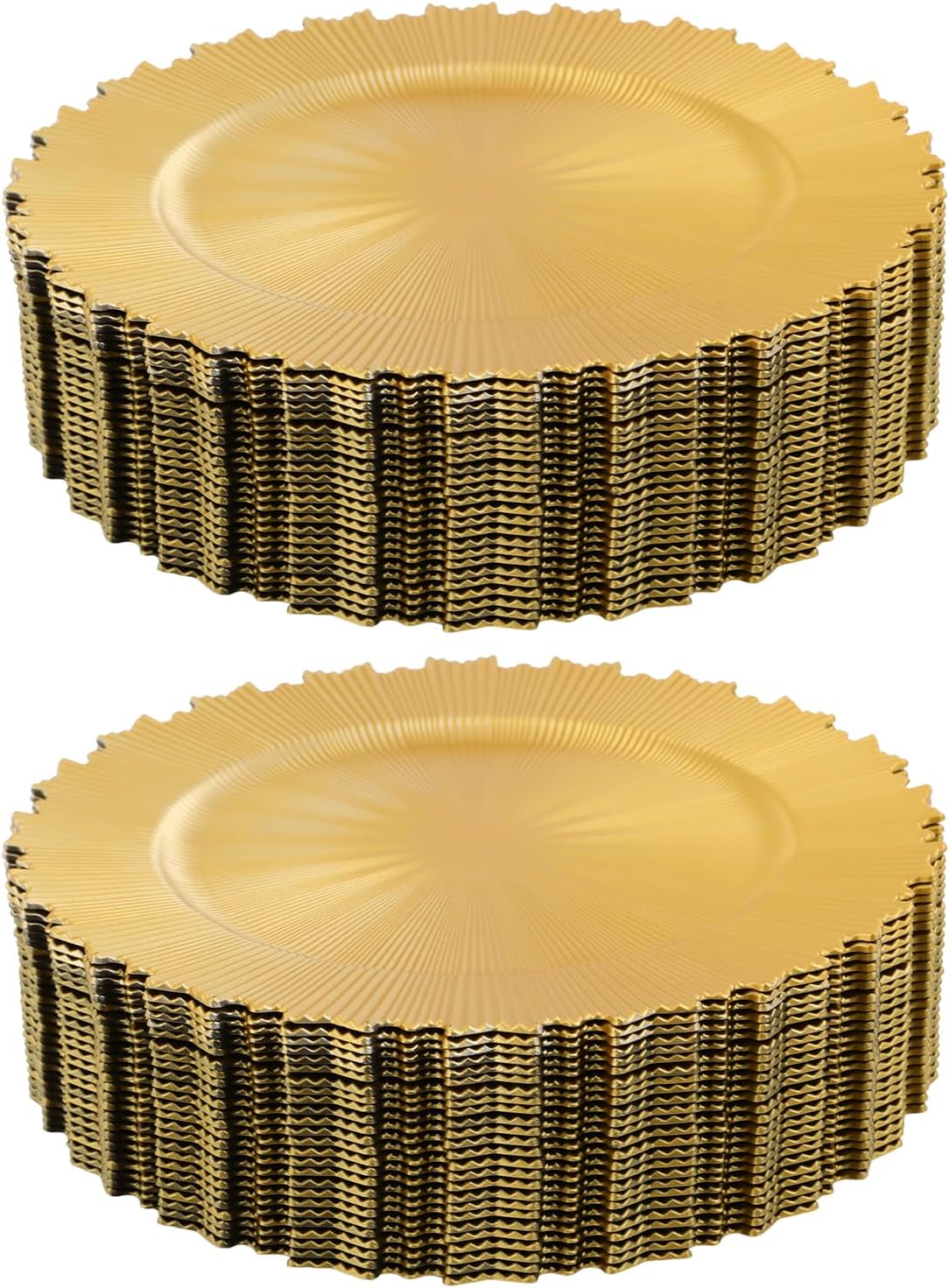 Gold Charger Plates, 50 Pcs Bright Charger Plates Bulk, 13 Inch Plastic Round Chargers Fluted Edge Dinner Plate Wedding Decoration for Table Setting Wedding Party Event Tabletop