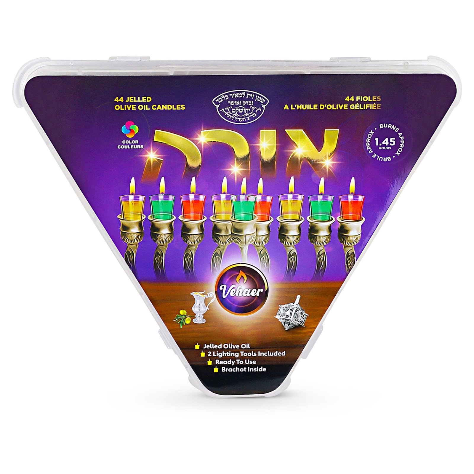 Vehaer 44 Prefilled Cups, Hanukkah, Chanukah Olive Oil, Ready to Use, Fits Most Menorah (Colored Gelled Small)