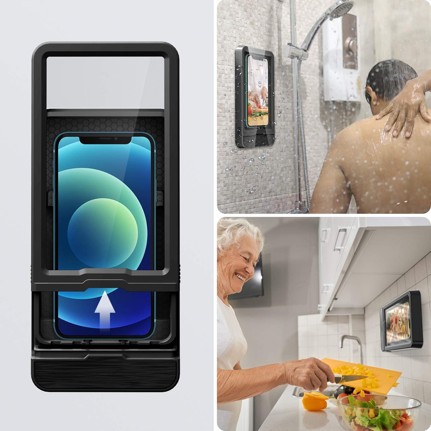 Wall Mount Phone Holder, Fansteck Wall Phone Holder Mount with Reusable Nano Adhesive Strip, for Bathroom,Shower,Kitchen,Make up and More, Compatible with Mobile Phones Under 6.9 inches (Black)
