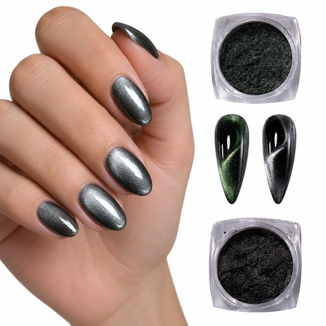 S.A.V.I Cat Eye Magnetic Nail Powder Set Green & Silver 2x5g | DIY Chrome Pigment, Shimmer Effect, Mix 1:1 Formula, Salon & Home Use, 2 Jars Included-image-26