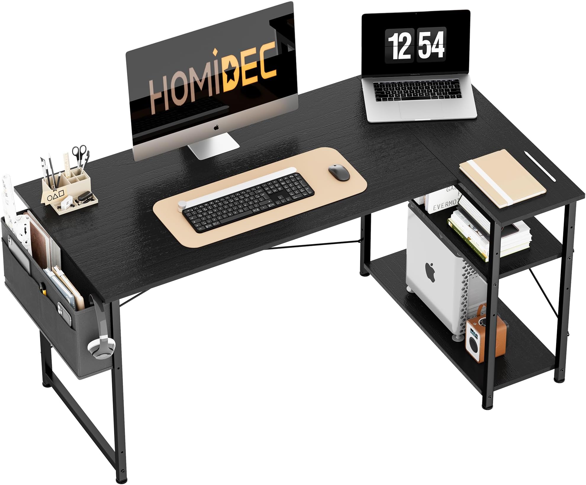 HOMIDEC L Shaped Desk 120CM Computer Desk Study Office Table Gaming Desk Writing Table With Bookshelf Reversible Corner Table For Home Office Studio Workstation