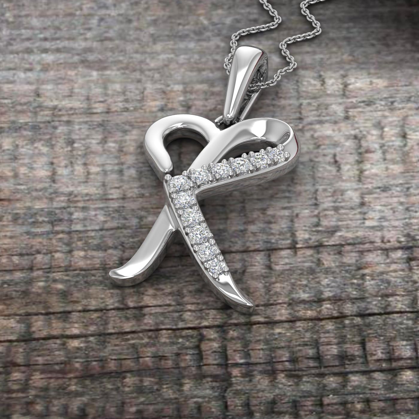 FINEROCK Diamond Initial Letter Pendant Necklace in 14K White Gold (with Silver Chain) (I1-I2 Clarity)