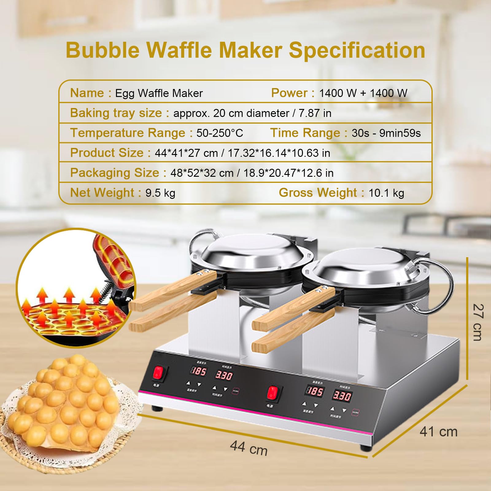 Waflera De Huevo De 1400 W Con Calentamiento Por Ambos Lados,Bandeja Profesional Para Wafles De Comida Callejera,Rotación De 180°,Pantalla Digital Con Temperatura Y Temporizador,DoubleHead