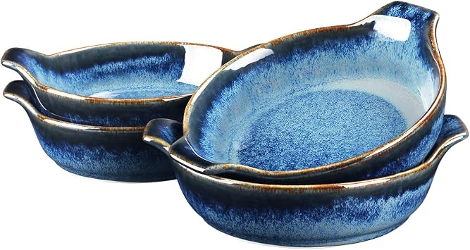 Ceramics Au Gratin baking Dishes Set of 4, Baking Tray Bake ware, 8.6 oz Ramekins, for Pie Pan, Appetizer, Tart, Dessert, Quiche, Oven Small dish, individual dishes, Round 7.5 Inch