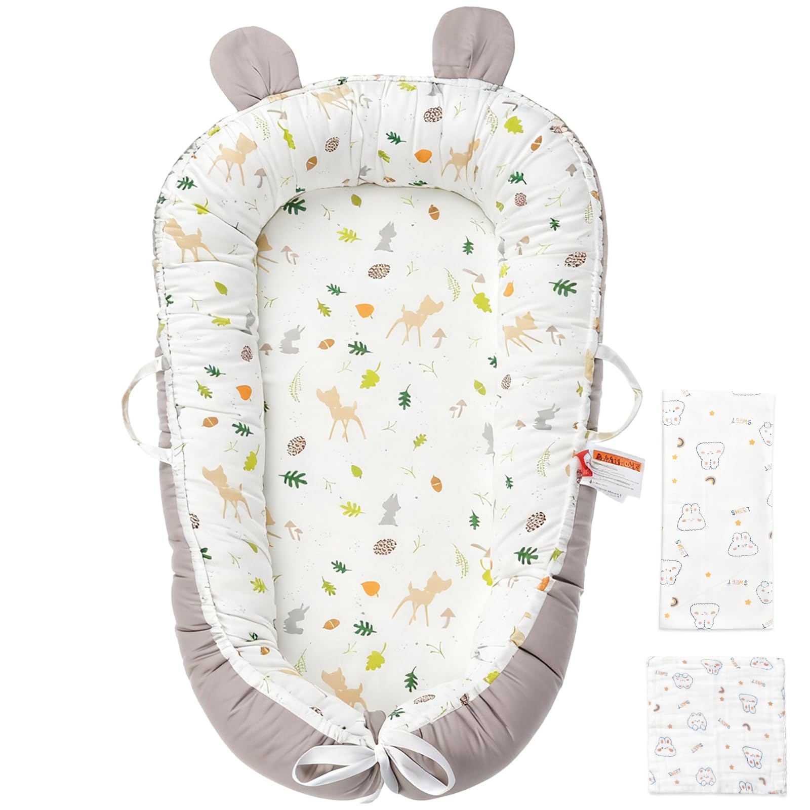 Huracan Baby Nestchen für Neugeborene, Babynest Weiches Kuschelnest aus 100% Baumwolle, Doppelseitig Baby Nest Inkl. Decke & 5 Waschlappen, Maschinenwaschbar, Tragbar Baby Bett für zuhause & unterwegs