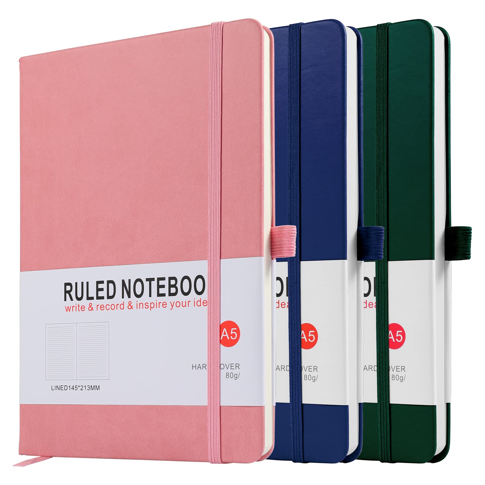 Notebook A5, 3 Pack Journal A5 Notebook 200 Pages 80 GSM Journal Notebook Hardback Notepad with Lined Pages, Pen Loop and Expandable Paper Pocket, Journal Notepad Note Book (Blue, Green, Pink))