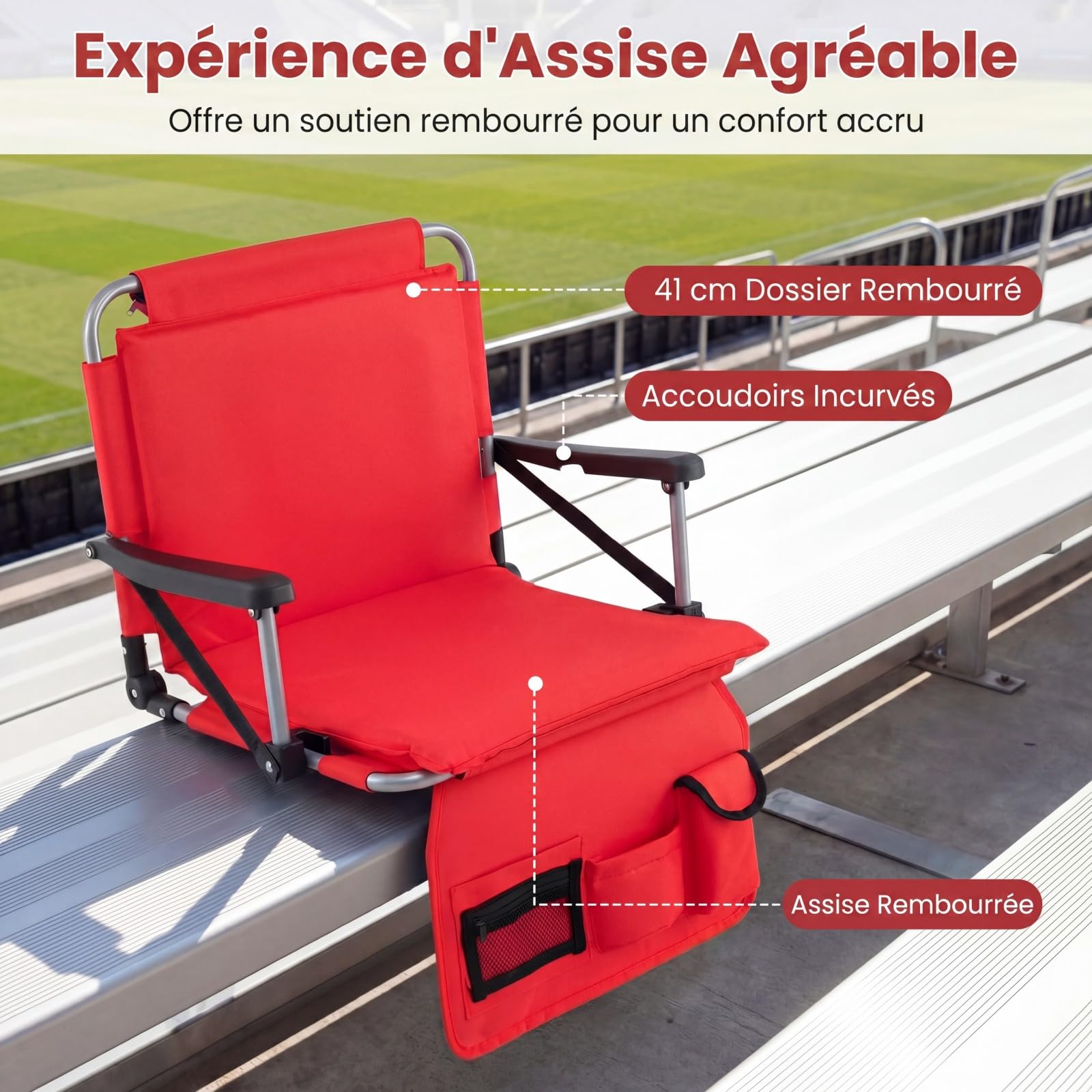 COSTWAY Siège de Stade Pliable, Chaise de Gradin Rembourrée avec Soutien Dorsal, Bandoulière, Poche Filet, Porte-Gobelet&Sac de Rangement, Chaise de Sol pour Yacht Match Sportif, Charge 102KG (Rouge)