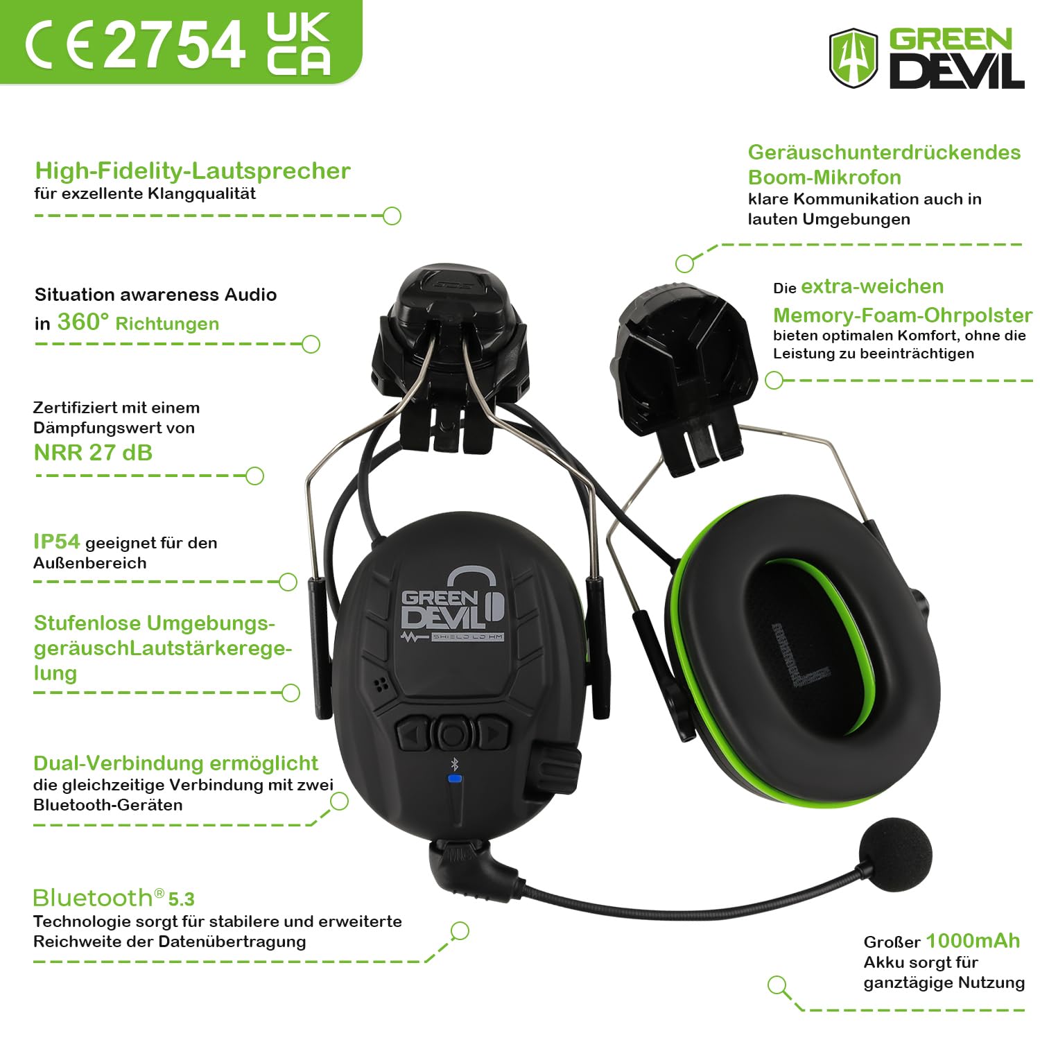 GREEN DEVIL Shield LD, protección auditiva activa con tecnología Bluetooth 5.3 y micrófono integrado compatible con EN352 SNR 32 dB para corte y ruido
