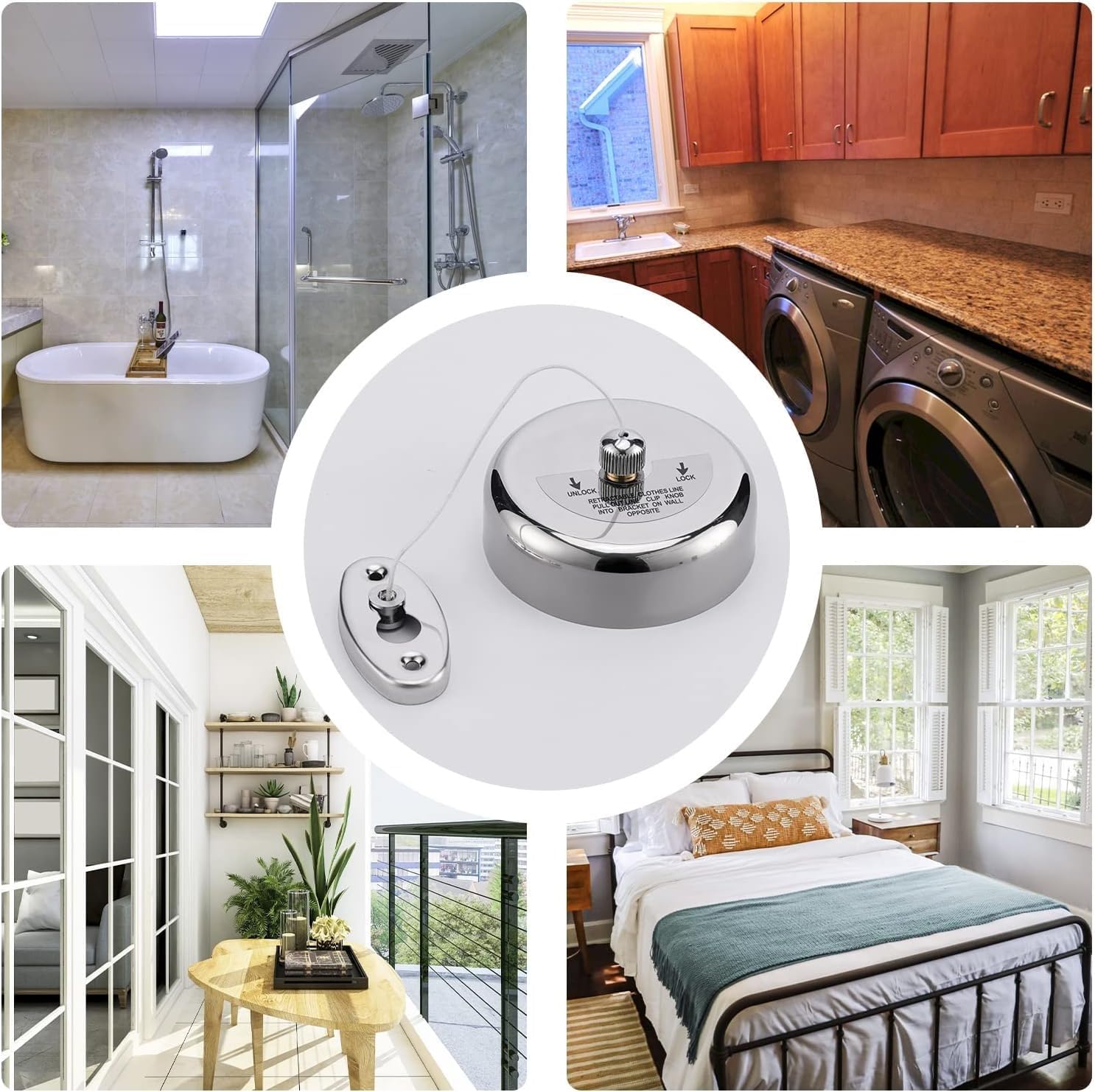 304 Stainless Steel Retractable Clothesline Indoor with 9.2FT Adjustable Nylon Rope, Wall Mounted Retractable Line String Clothes Line for Drying in Hotel, Bathroom, Laundry Outdoor Indoor