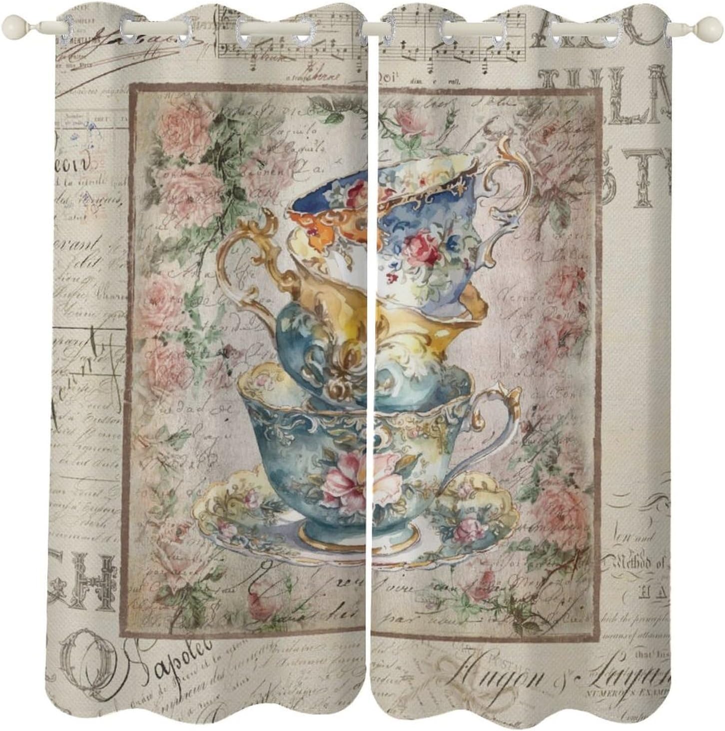 Coffee Blackout Curtains, Brown Coffee Shop Logo Splicing Pattern Cartoon Decor Window Treatments, Grommet Drapes for Living Room Bedroom Kitchen, 52x84inch (2 Panels)