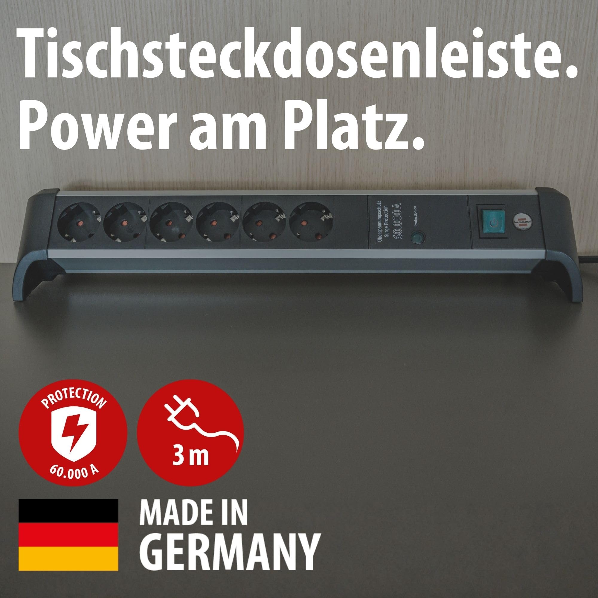 Brennenstuhl Alu-Office-Line Steckdosenleiste 6-Fach, 3m | Mit Überspannungsschutz, Mehrfachsteckdose mit Schalter, Made in Germany