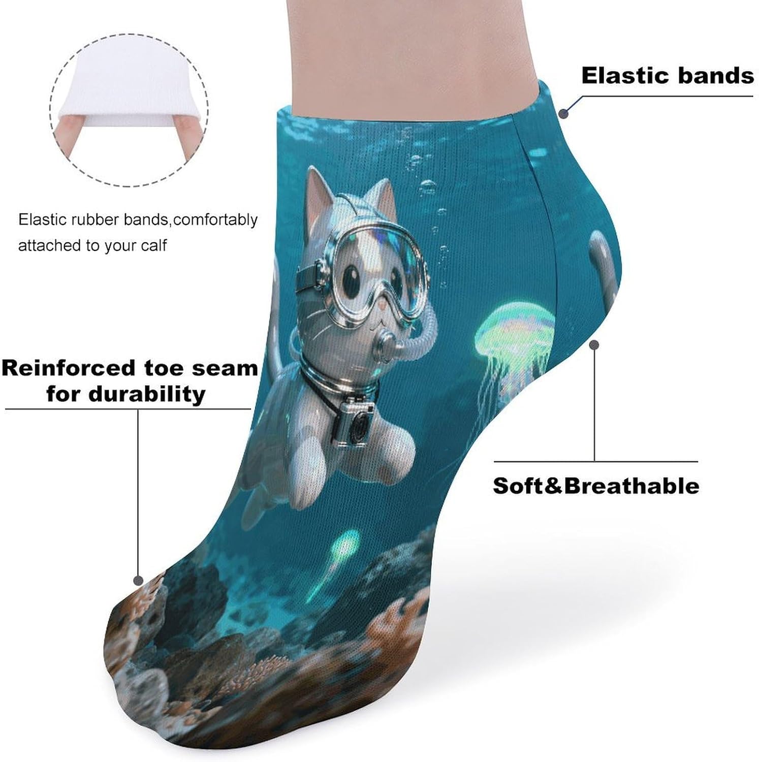 The Diving Cat Crew Sock for Men Women Funny Novelty Socks Athletic Ankle Socks Comfort Soft Low Cut Tab Sock 5 Pairs