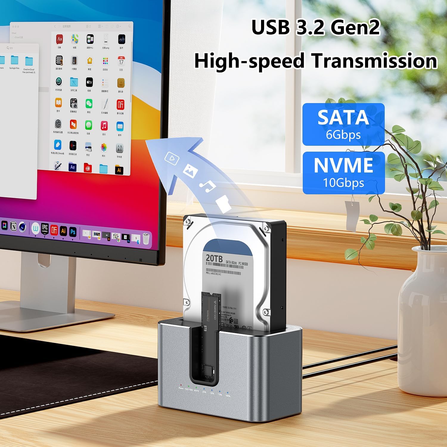 MiliPow Dual Bay Hard Drive Docking Station with Offline Cloning, SATA to NVMe Cloner for 2.5"/3.5" SATA HDD/SSD and M.2 NVMe SSD, UASP Supported, Up to 28TB