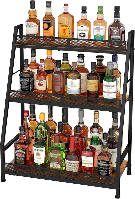 Hayexiha Soporte para licores ampliado de 3 niveles, estante para vinos trapezoidal independiente | Capacidad para más de 40 botellas: el soporte de madera y acero de 24,8 pulgadas de ancho tiene estantes escalonados, vallas de seguridad y pies ajustables.