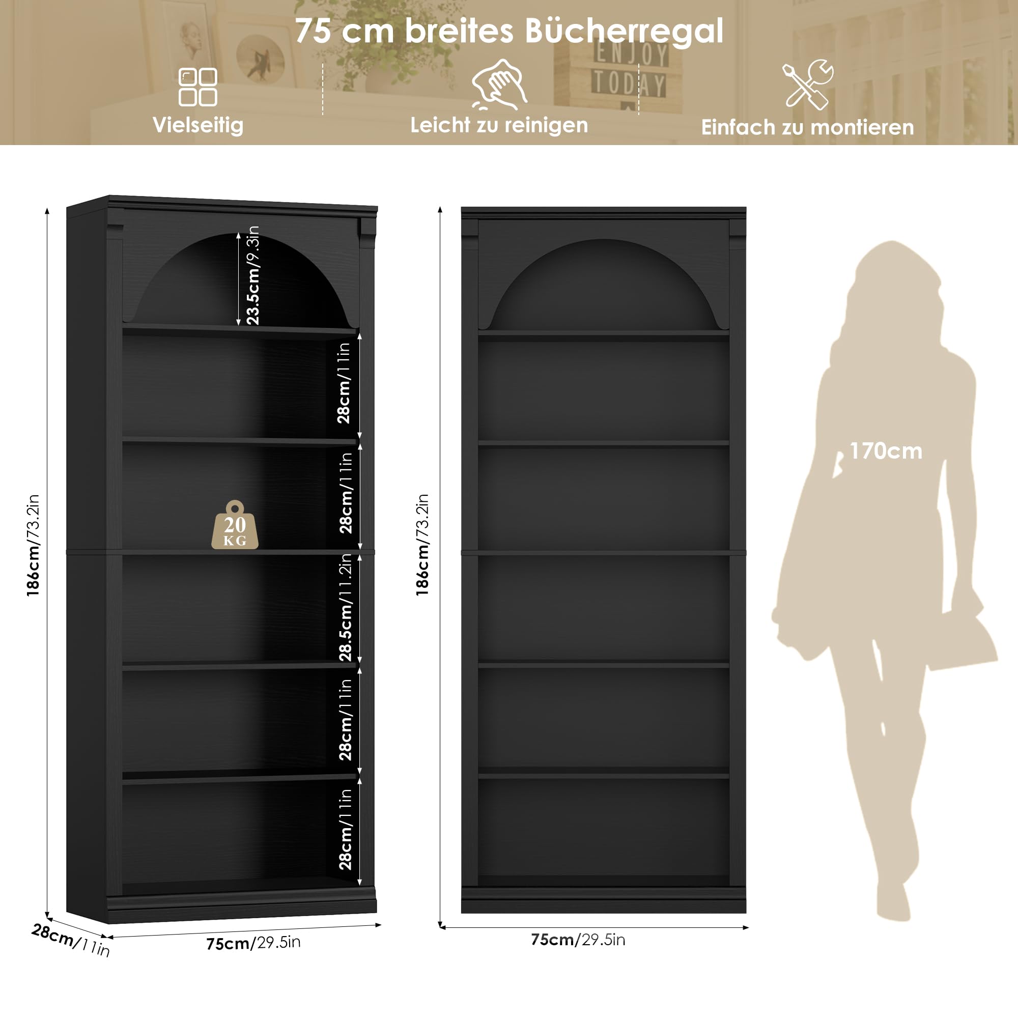 FirFurd Bücherregal 75 cm breit Gewölbter Bücherschrank Vitrinenschrank