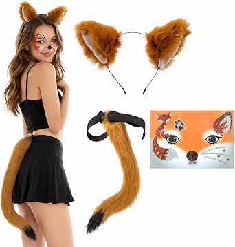3pcs Fox Costume Set,Fox Ears And Tail,Cosplay Accessories For Halloween Events And Themed Parties, With Fox Ears,Tail And Face Stickers