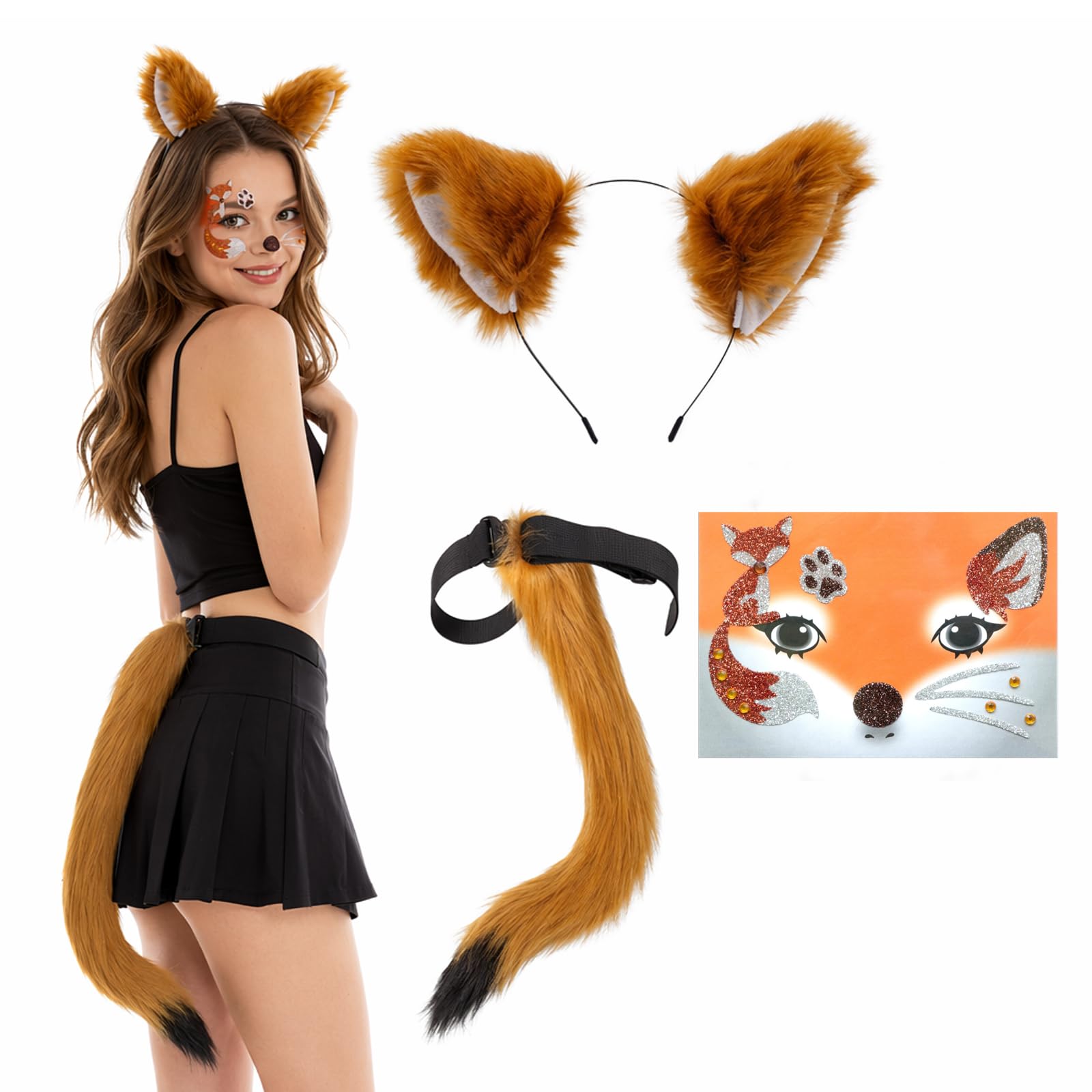 Efuwfugc 3pcs Fox Costume Set,Fox Ears And Tail,Cosplay Accessories For Halloween Events And Themed Parties, With Fox Ears,Tail And Face Stickers