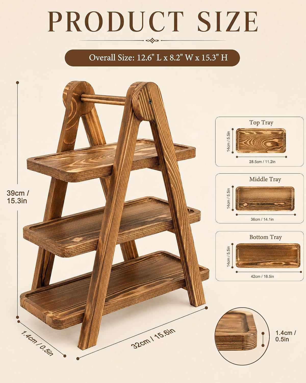 Wooden 3 Tier Serving Tray, Charred Pine Cupcake Stand for Dessert Display