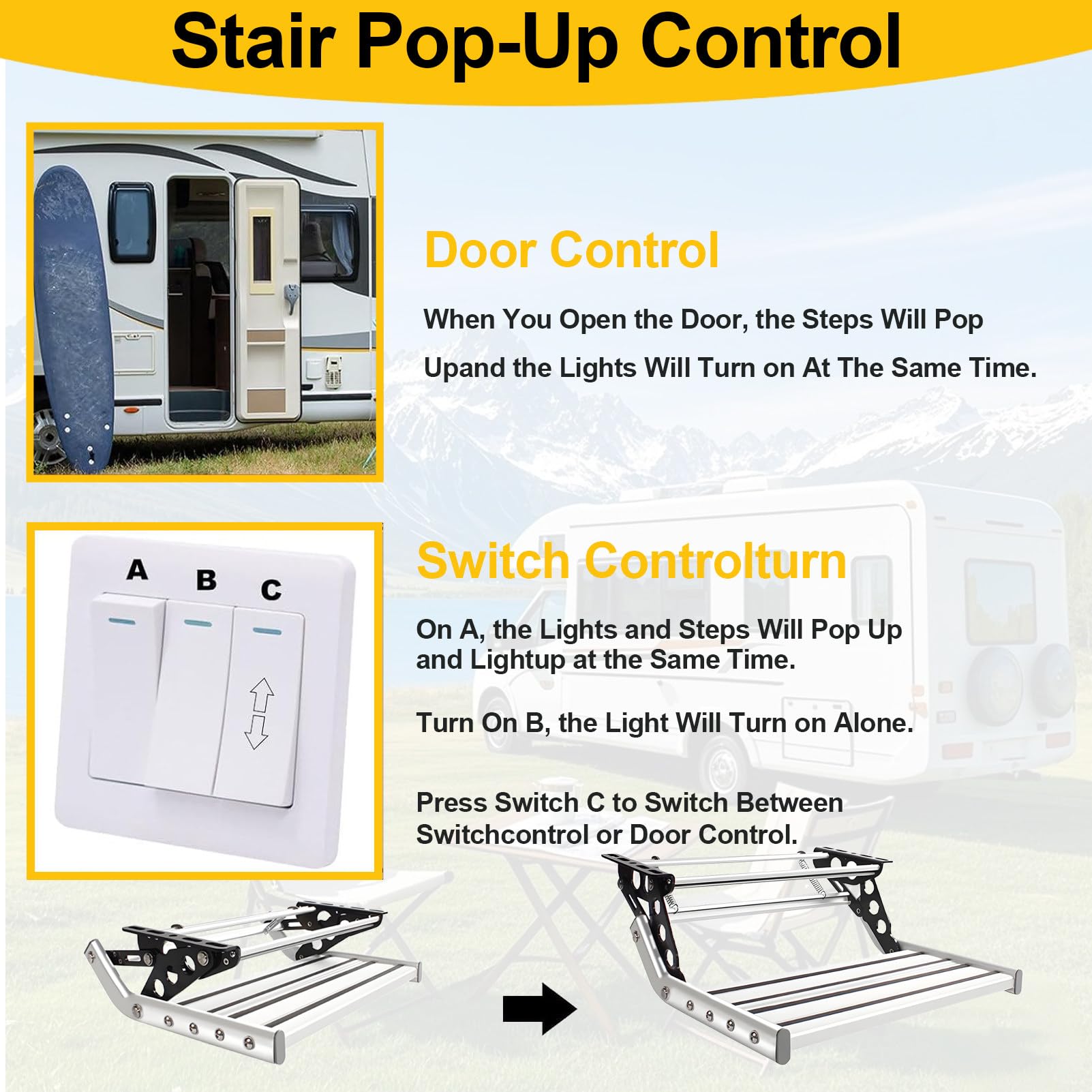 Scalino Manuale per Camper, Elettrico Automatico/Manuale, con Luce LED, Pedale Largo Antiscivolo, per Camper, roulotte e Caravan 1Step-Manual(LED)