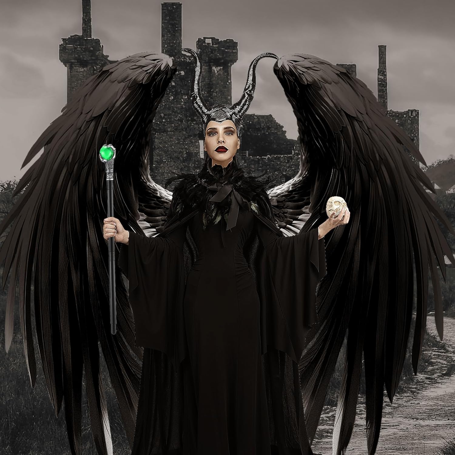 Women 4Pcs Evil Queen Costume Feather Cape Horns Hat Cloak Halloween Costume Cosplay Props