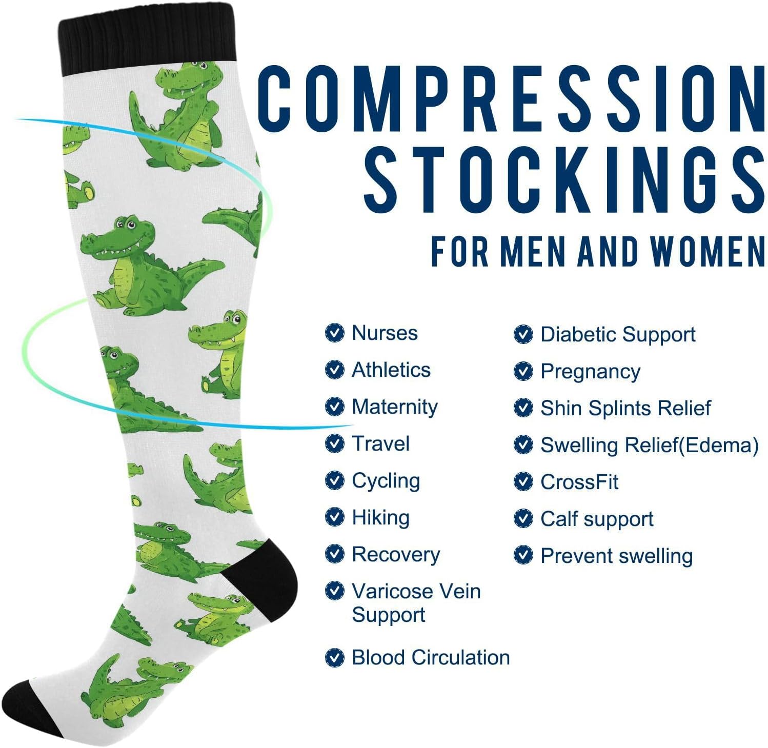 Pigsaly Cartoon Crocodiles Women's Compression Socks Green Alligator Athletic Tube Sock Unisex Casual Knee High Socks Outdoor Sport Socks For Running Hiking Travel - Image 4