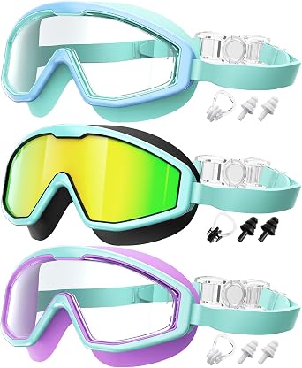 Kids Goggles Age 4-16, Anti-Fog UV 180Clear View Kids Swim Goggles, 3 Pack Swimming Goggles Waterproof Pool Goggles