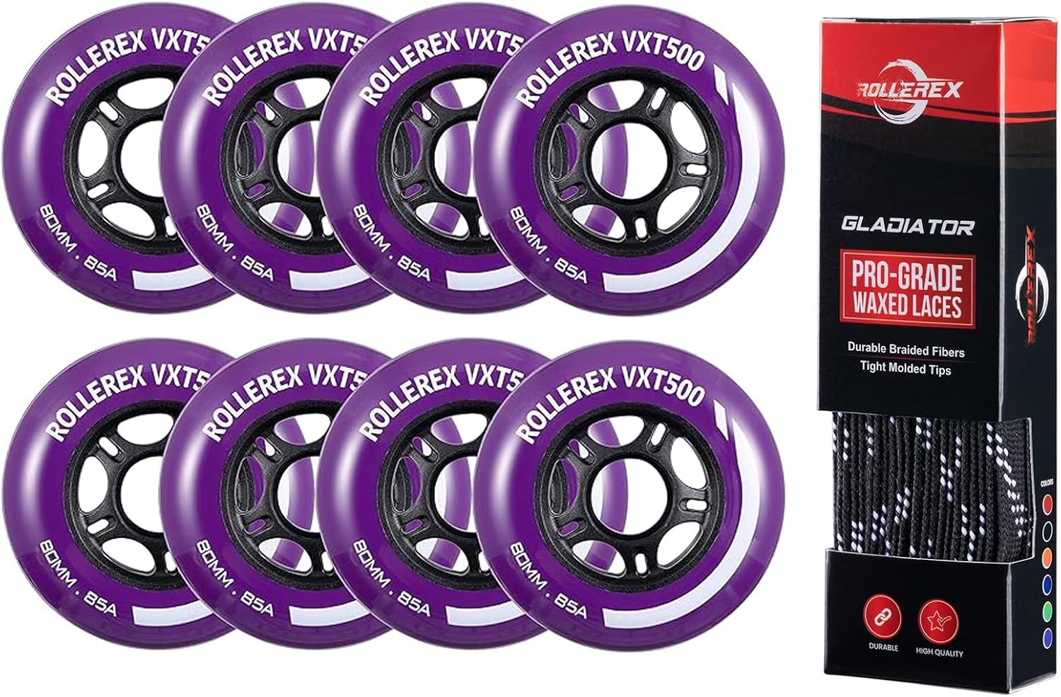 Rollerex VXT500 Inline Skate Wheels (8-Pack) (Royal Purple, 72mm) Gladiator Waxed Skate Laces (Jet Black, 72") Intended for Roller Blade Wheel Replacement