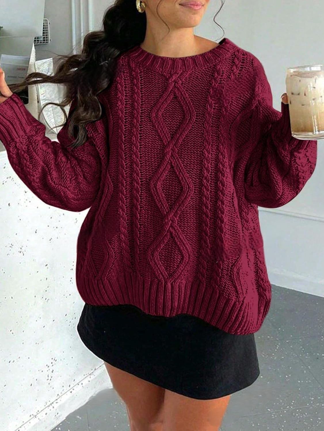 ZAFUL Cable Knit Sweaters for Women Crewneck Casual Knit Pullover Sweater Long Sleeves Jumper Tops - Image 2