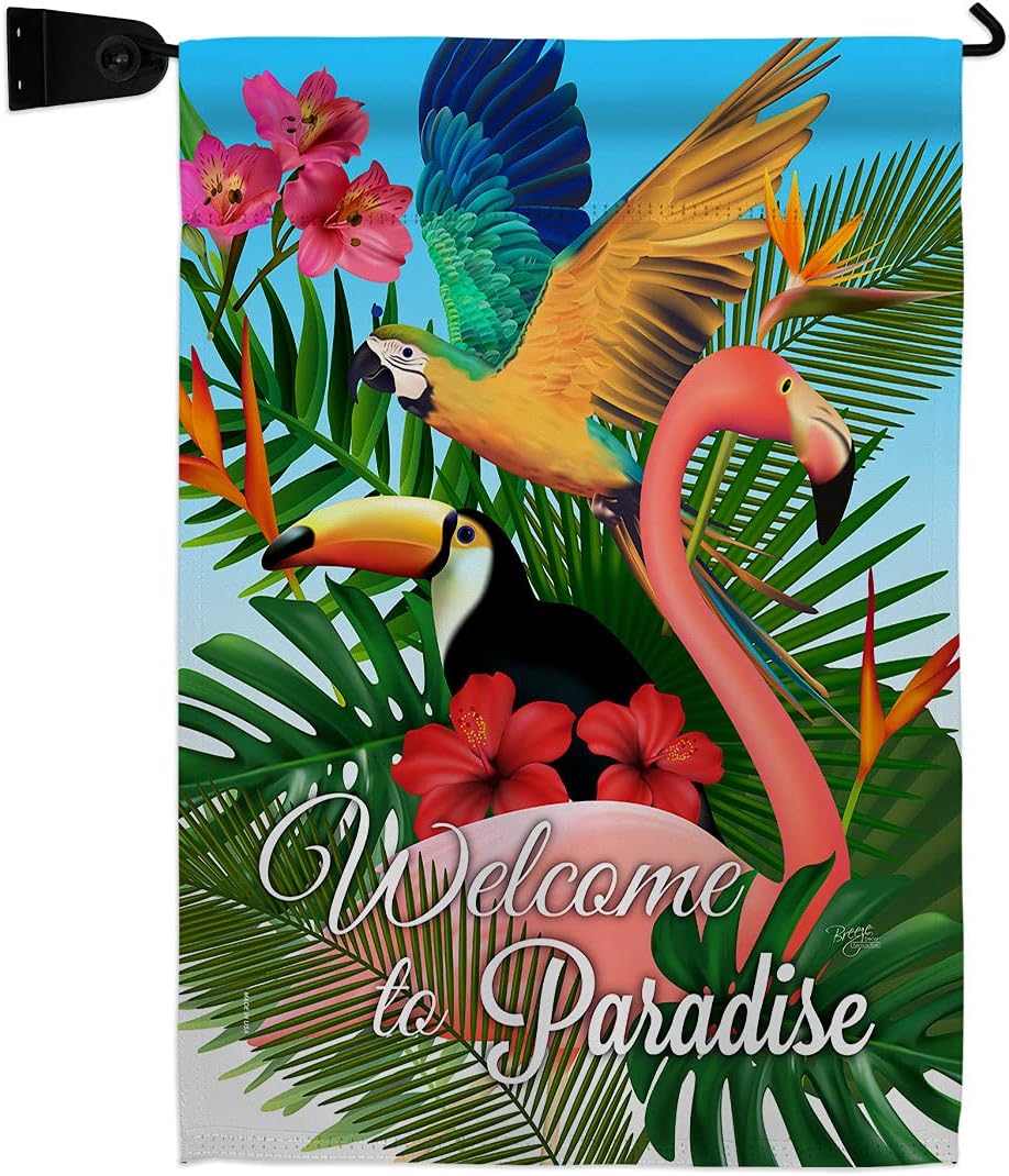 Breeze Decor Tropical Bird Paradise Garden Flag Set Wall Holder Summertime Ocean Beach Seashells Pineapple Outdoor Summer Aloha Small Decorative Gift Yard House Banner Made in USA 13 X 18.5