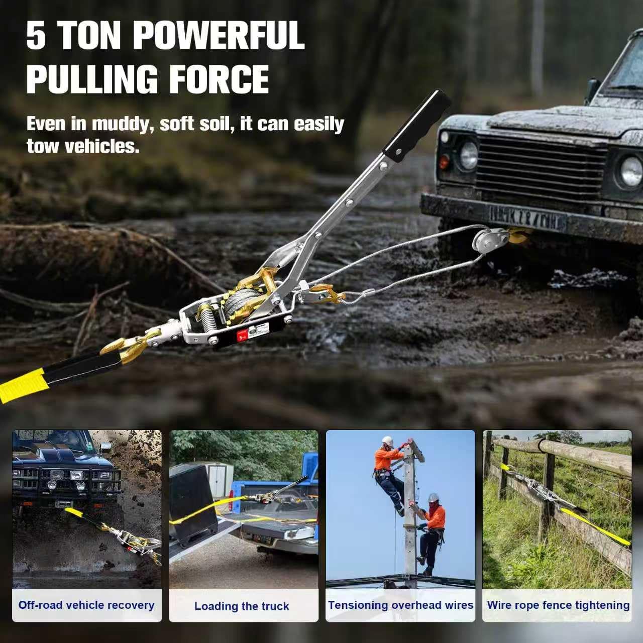 Come Along Winch, 5-Ton (10,000 Lbs) Pulling Capacity, 10Ft, 3 Hook, Heavy Duty Power Cable Come Along Tool with Dual Gears, Hand Winch Cable, Automotive Hoist Winch Puller, Recovery Gear