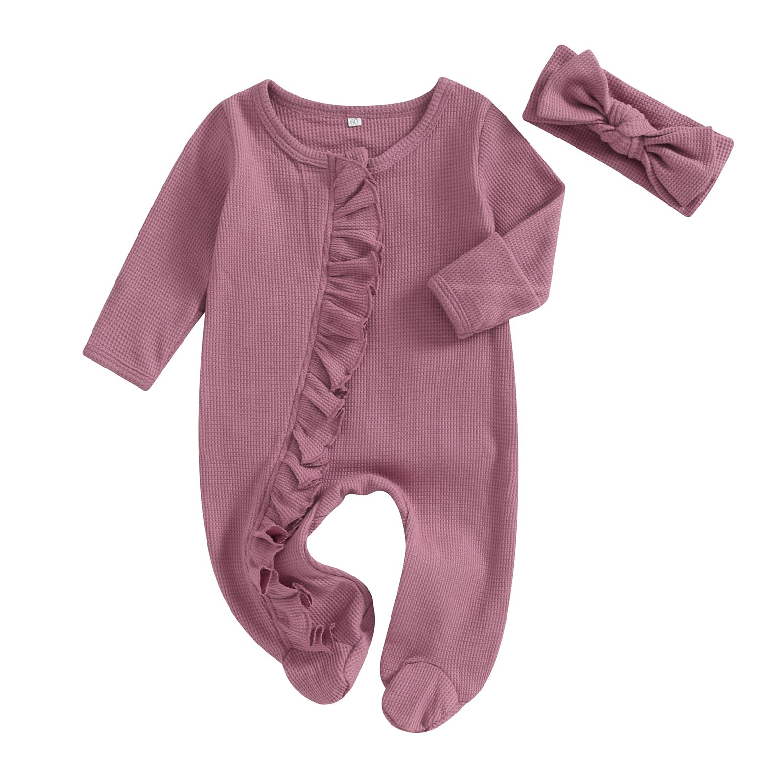 Gaono Newborn Baby Girl Ruffle Footies Waffle Knit Romper Long Sleeve Zip Up Floral Jumpsuit Coming Home One-piece Outfit (B-Purple, 3-6 Months)