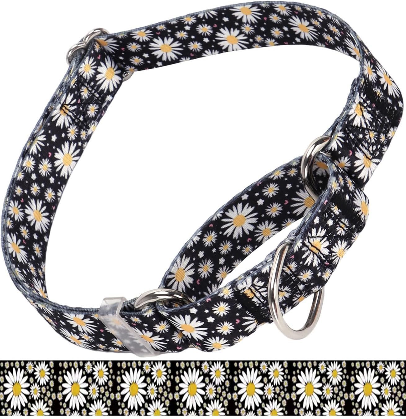 Martingale Collar for Medium Dogs, Girl Dog Collar with Daisy Flowers, Heavy Duty No Pull Dog Collar Floral Design Dog Training Collar, Perfect for Training, Walking, Hunting (Black, L)