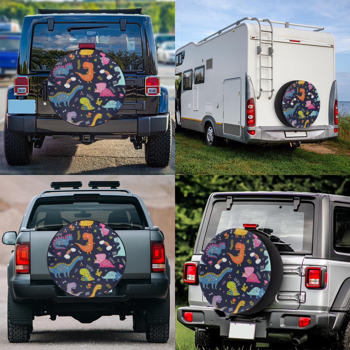Clever Cartoon Dinosaur Tire Covers Portable Spare Tire Cover Soft Durable Waterproof Dustproof 3 Sizes 14 15 16 Inches for Car Truck SUV Trailer Camper