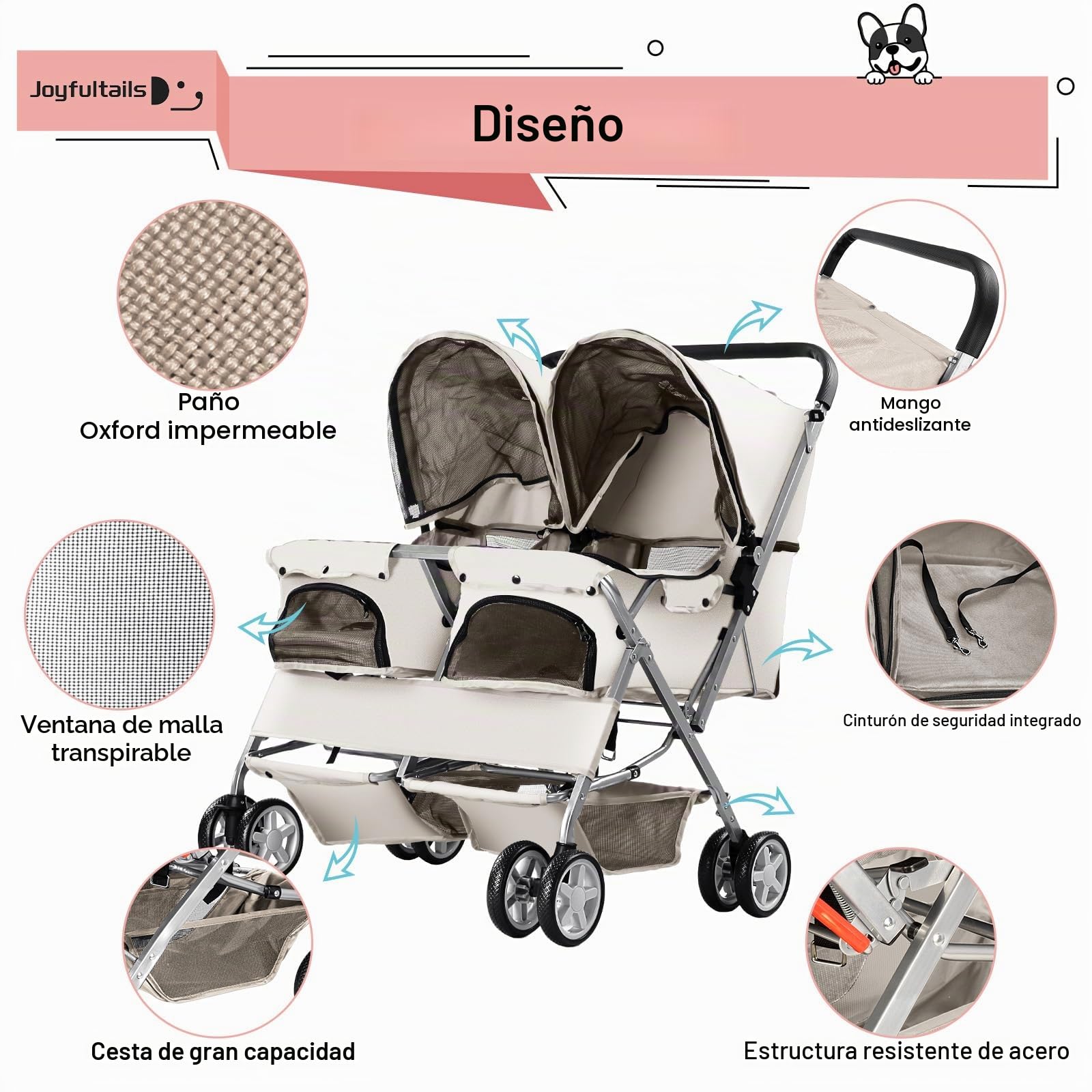 Carro para Perros Doble, Transportín para 2 Mascotas con Capacidad 20KG, Carrito Plegable con Ruedas y Cesta de Almacenamiento + Freno de Mano (Perros Medianos/Pequeños), Gris