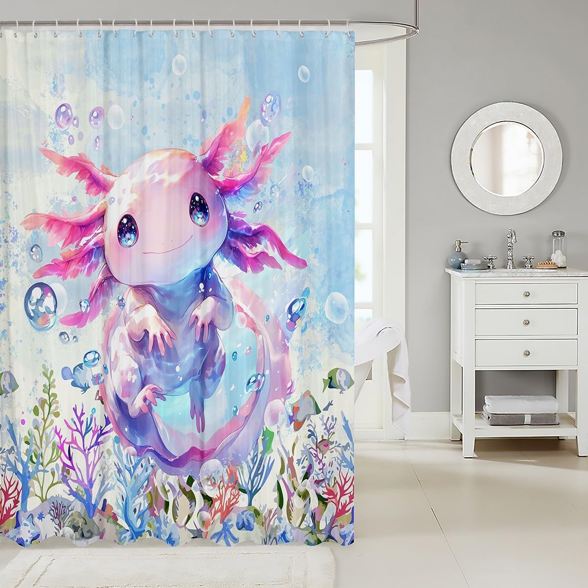 Feelyou Boys Girls Cute Axolotl Shower Curtain Ocean Sealife Bathroom Shower Curtain Set Kids Kawaii Bath Curtain Cartoon Salamander Teens Bathroom Accessories Room Decor 72"x78"