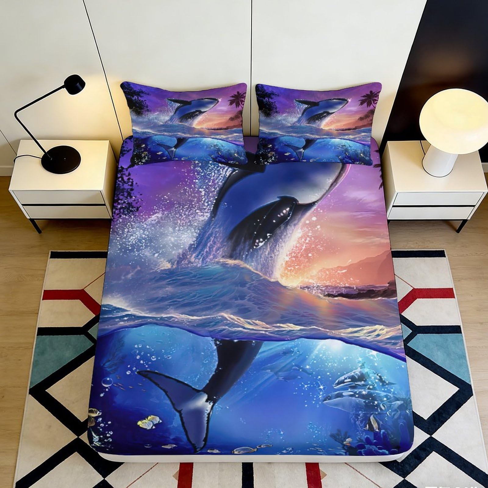 3D Printed Ocean Whale Fitted Sheet Microfiber Soft Breathable Underwater Scene Mattress Cover for Bedroom Dormitory Guest Room Mattress Protection 120x200x25cm