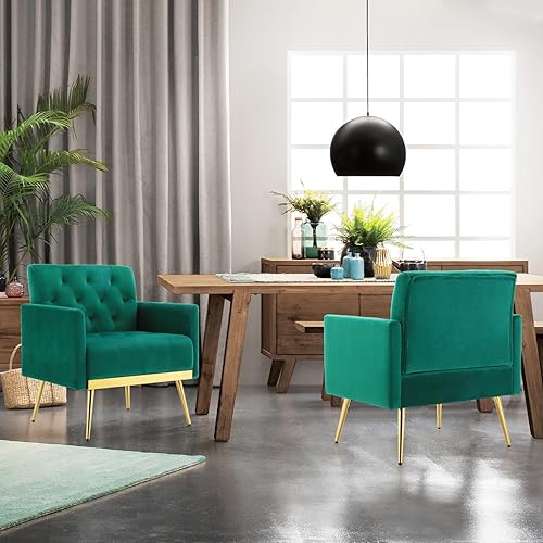 Miniatura 16 de Juego de 2 sillas decorativas de terciopelo, modernos sillones copetudos con botones y patas de metal, pequeñas y cómodas sillas tapizadas para sala