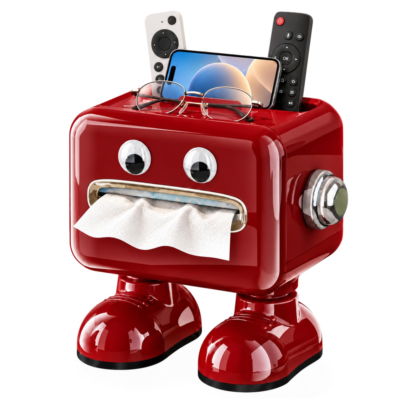 BLOMZA Multi-Functional Tissue Box Desktop Organizer with Remote Control Holder and Mobile Phone Stand Cute Robot Shaped Tissue Holder for Bathroom Bedroom Living Room Office 24x15.5x22cm Red