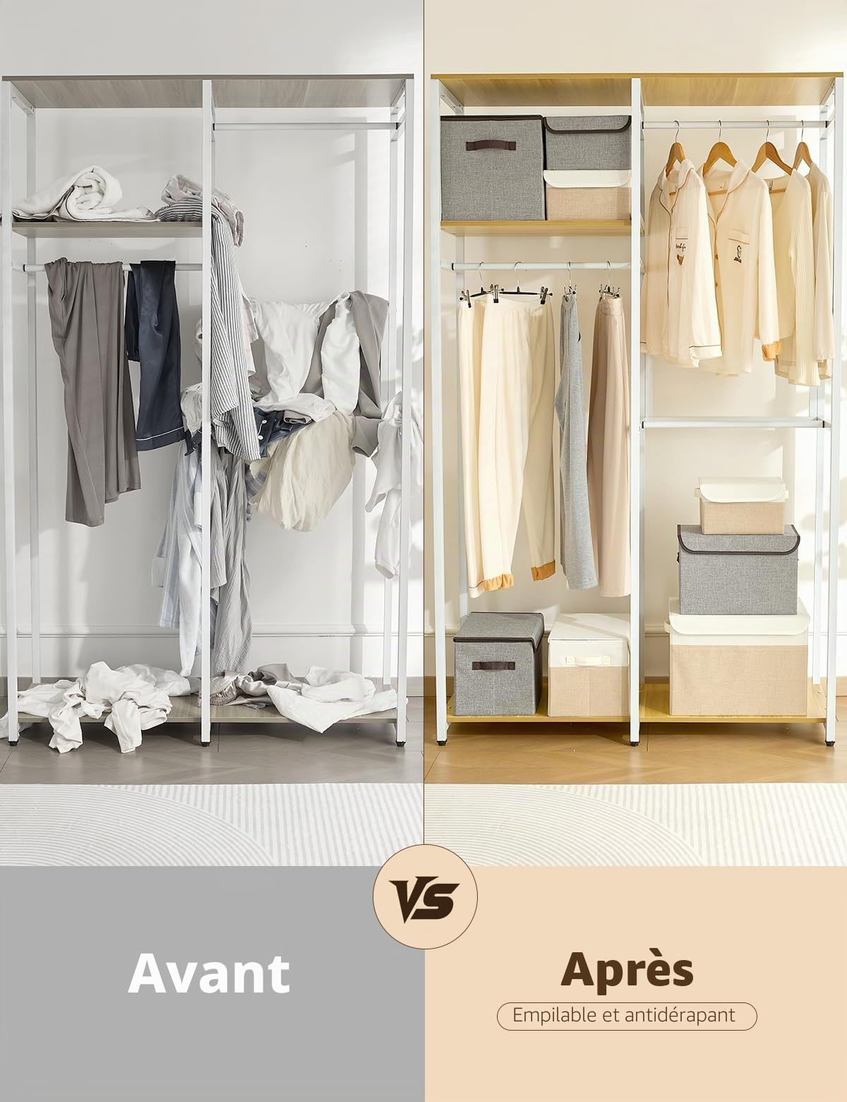 Bagnizer Lot de 3 grandes boîtes de rangement pliables en tissu avec couvercles et poignées pour vêtements, jouets, armoire, chambre à coucher, bureau, blanc et beige, 42 x 30 x 30 cm