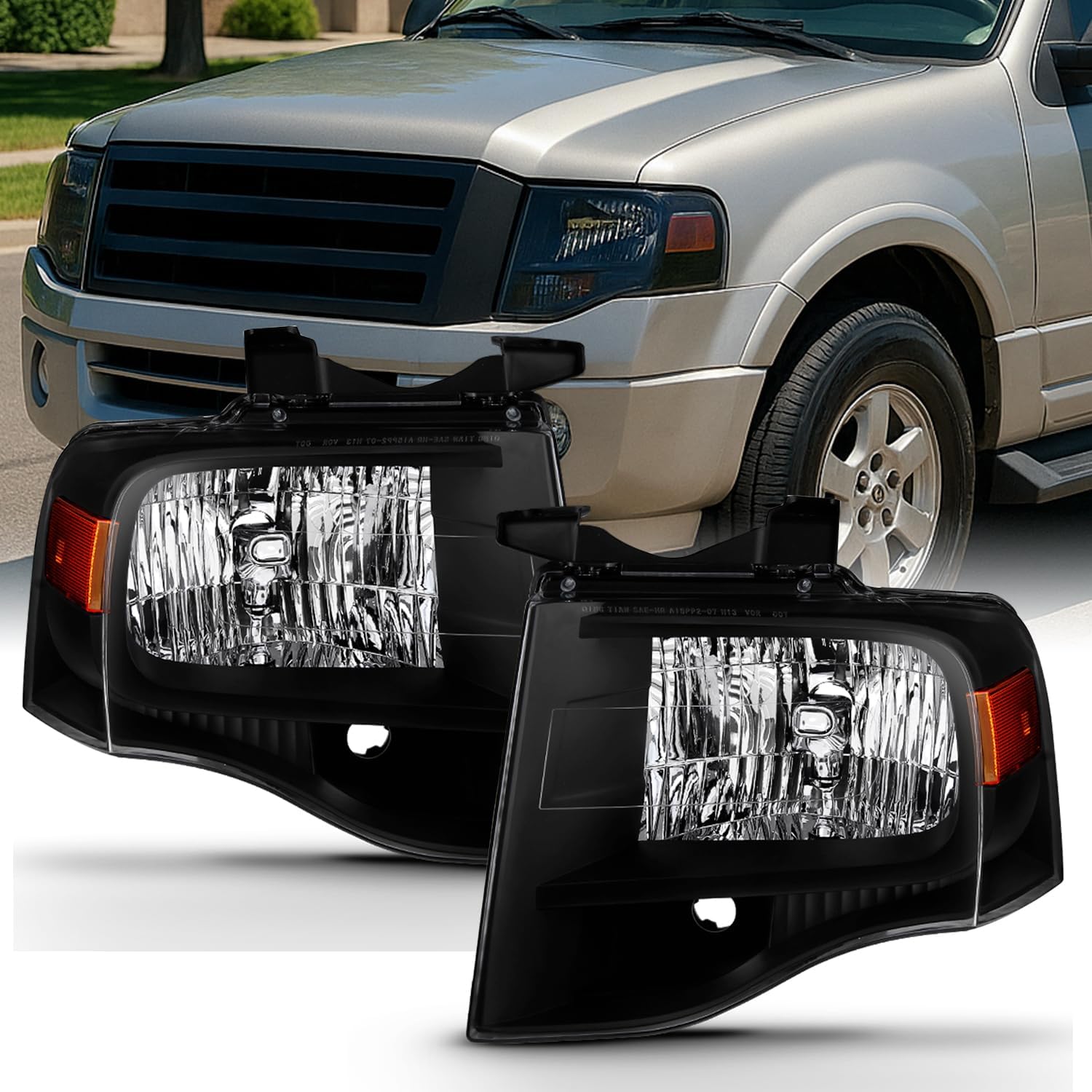 AKKON - For 2007-2014 Ford Expedition Black Bezel Headlight Assembly Left+Right Pair