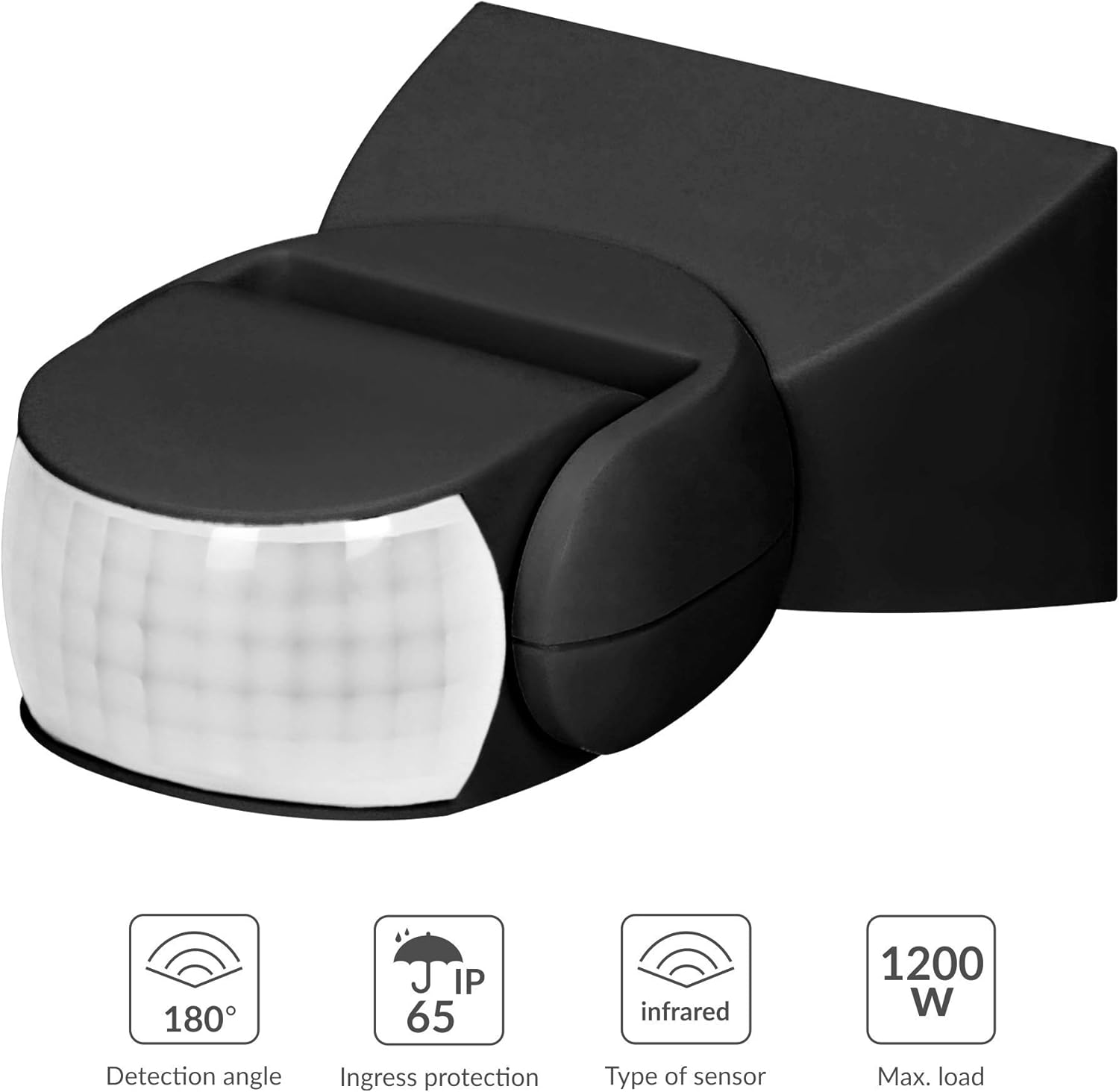 Diagram of key product features: 180 degree detection, IP65, infrared, 1200W max load