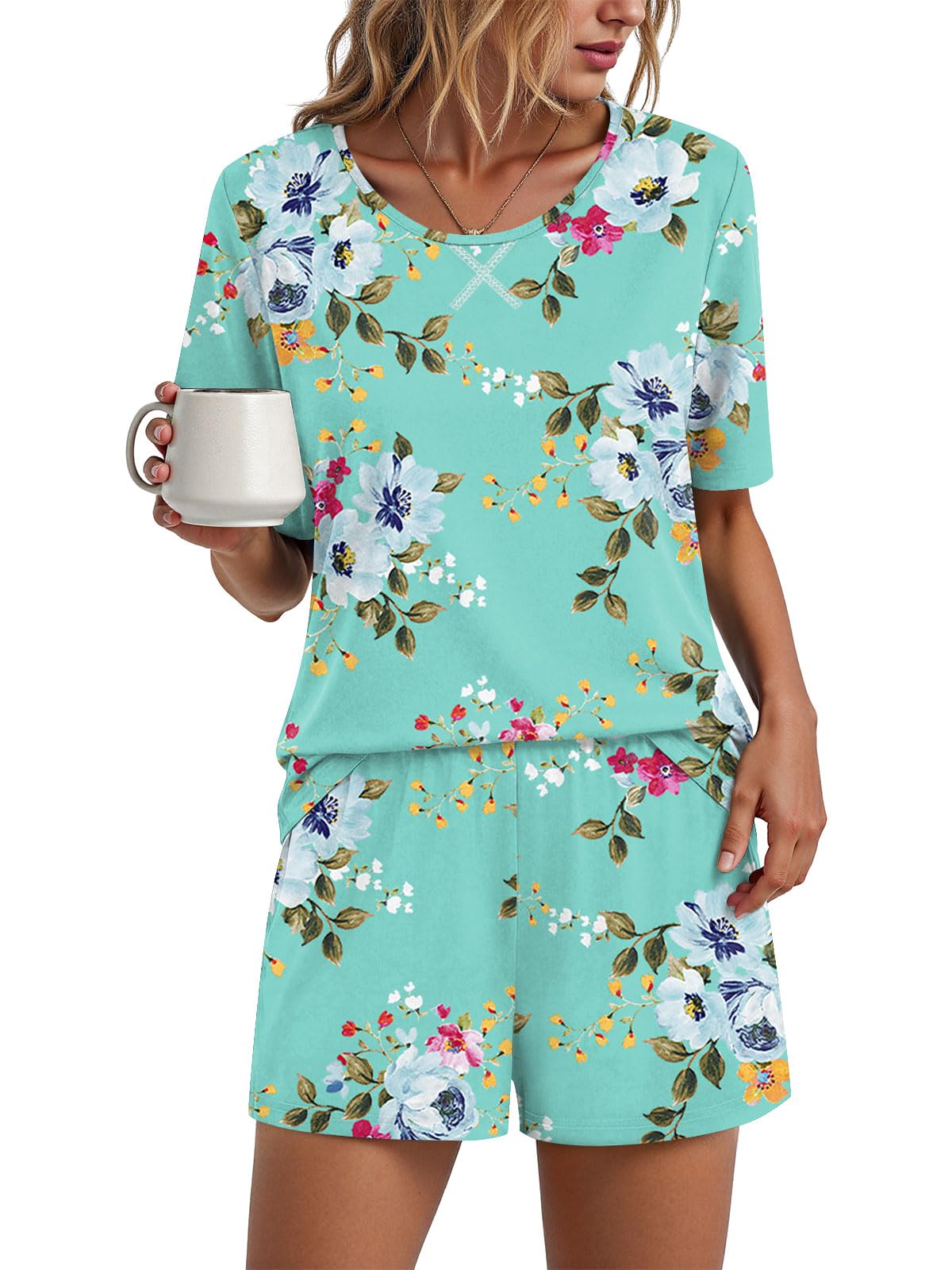 Findsweet Pajama Set for Women 2 Piece Lounge Set Soft Sleepwear Summer Casual Short Pjs Sets with Pockets M-3XL