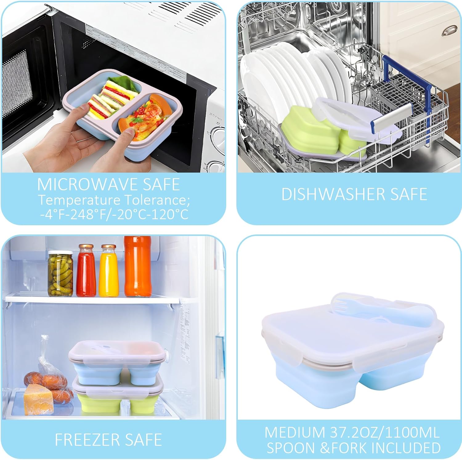 2 Pack Collapsible Silicone Lunch Box Set, 2 Compartments Bento Boxes with Lids, Food Storage Containers for Meal Prep, Office, Travel, Camping, BPA Free(Blue+Green)