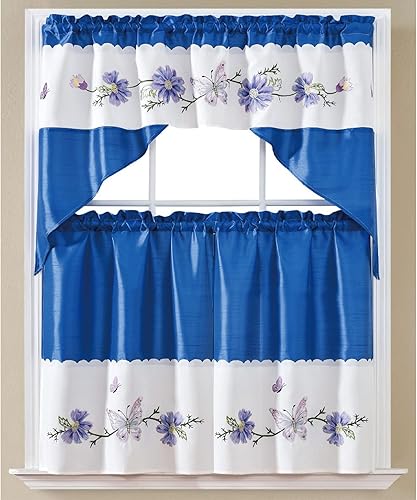 Juego de cortinas de cocina bordadas de mariposa de 3 piezas con cenefa con festón, azul, 30 x 36 pulgadas