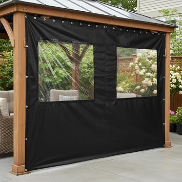 8 x 12 Gazebo Privacy Curtains PVC Gazebo Curtain Replacement with Clear Window, Zipper, 1-Panels Side Heavy Duty Wall Outdoor Curtains for Patio, Outdoor Canopy, Garden, Backyard Black