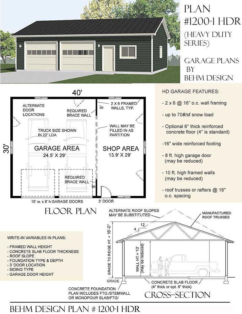 Garage Plans: Oversized Two Car Garage with Shop, Heavy Duty Series - Plan 1200-1HDR