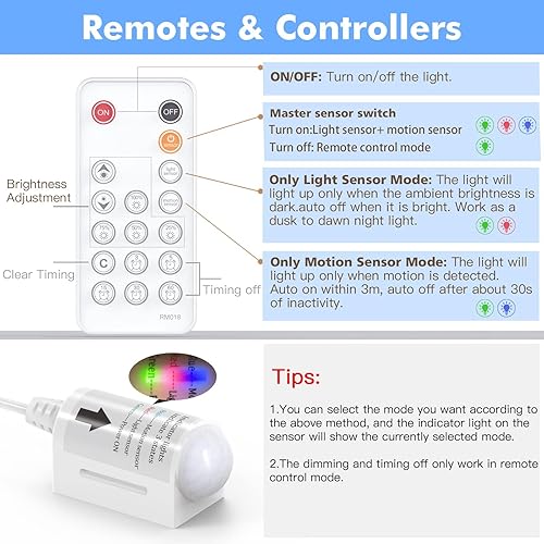 Miniatura 4 de WOBANE Tira de luz LED blanca, tira de luz activada por movimiento de 16.4 pies con control remoto y adaptador, luz nocturna, regulable, función