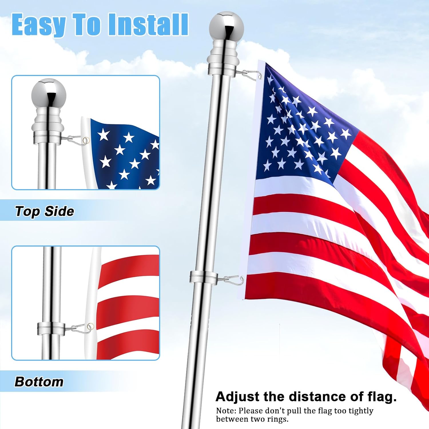 BONWIN Flag Pole Rings, 1" Spinning Flagpole Ring Clips, 2 Pcs Aluminum Alloy & Steel 360° Rotating Anti Wrap Flag Mounting Rings with Snap Carabiners for 0.75-1.02 Inch Diamete Flagpole (Φ1, Silver)