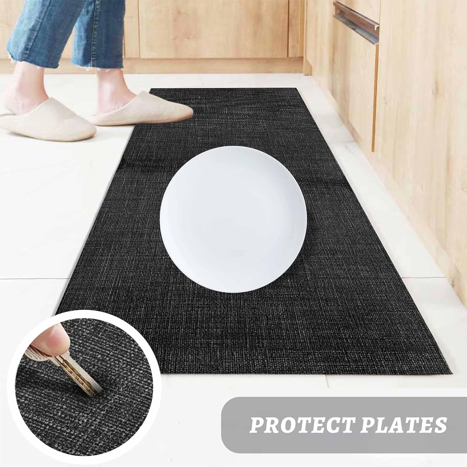 Teamery Kitchen Mats for Floor Black Linen Vintage Bottom Washable Non Slip Kitchen Rugs 2PCS, Solid Farm Burlap Absorbent Standing Mats for Sink Bathroom Office Living Room 15.7x23.6in+15.7x47.2in