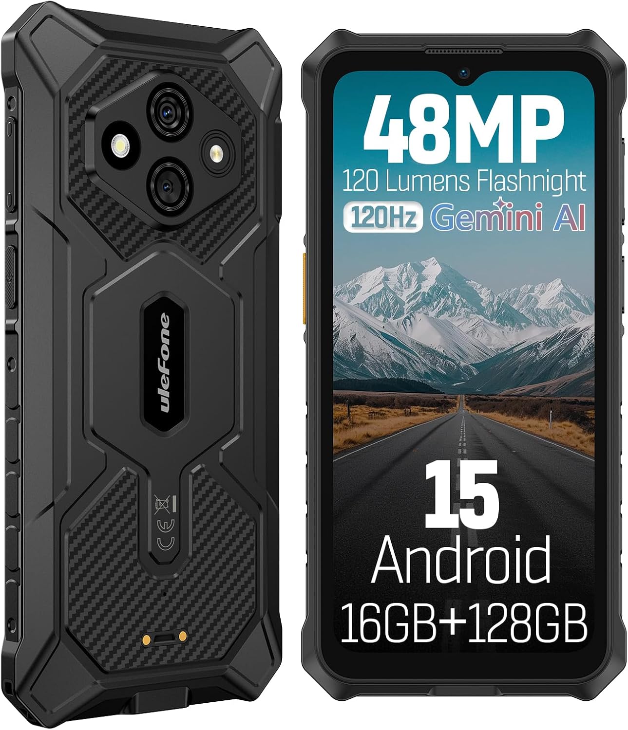 Ulefone RugKing 3 Pro Rugged Phone Unlocked, Octa-core 16GB+128GB/2TB, Android 15, 6.56" 120Hz, 48MP+2MP+8MP, 5600mAh, IP69K & IP68 Proof, Water-Lock, Dock Charging, Al Assistant(Gemini), Black